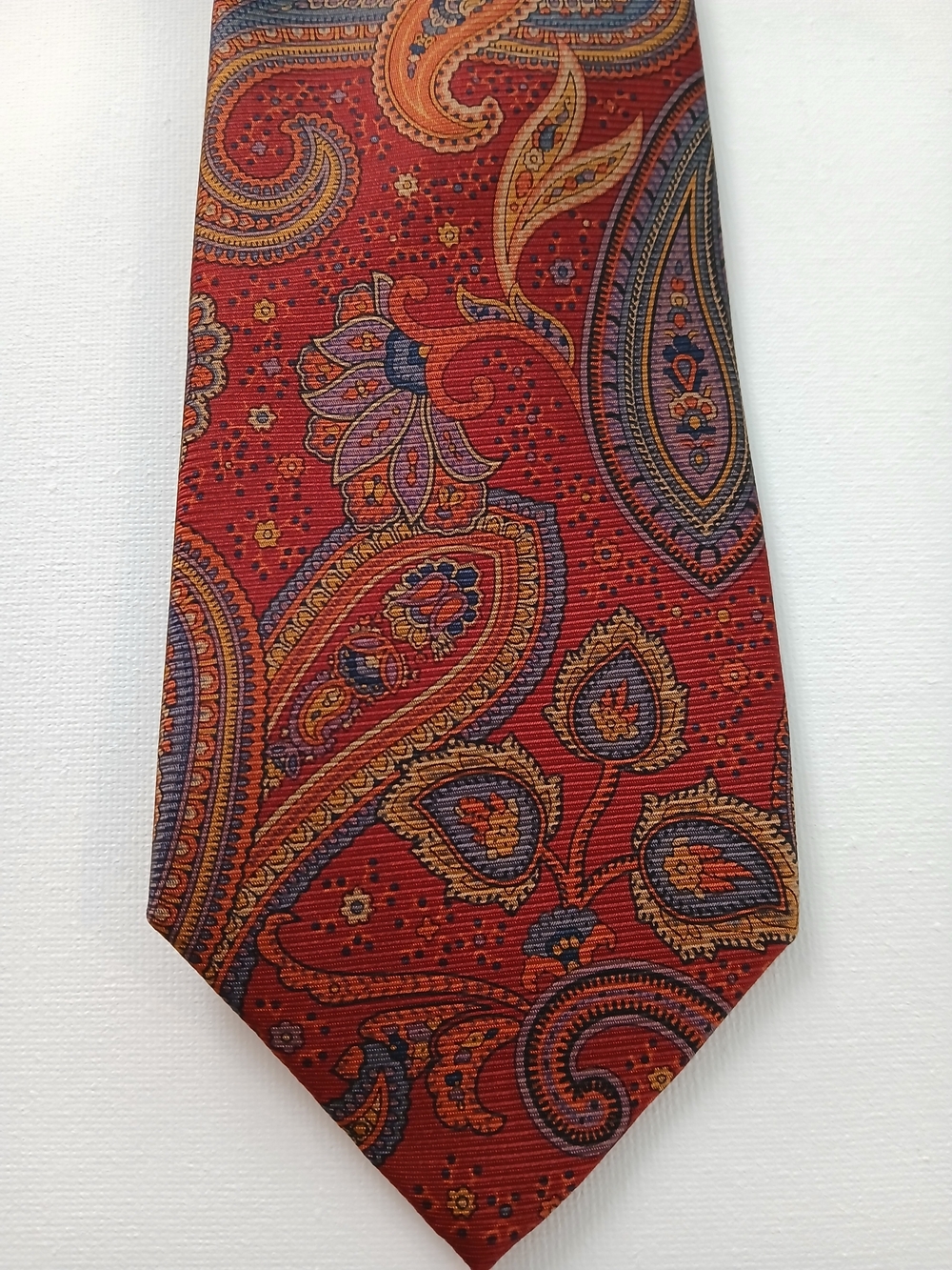 Saddlebred Silk Red Paisley Tie with Gold and Blue Accents